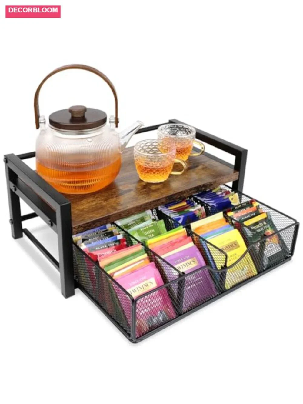 Tea Bag Organizer with 8-Compartment Adjustable Drawer, Wood & Metal Tea Chest